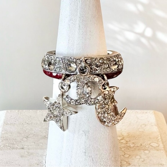 Authentic CHANEL Silver Moon Star CC Crystal Ring Size 6 - Picture 1 of 17